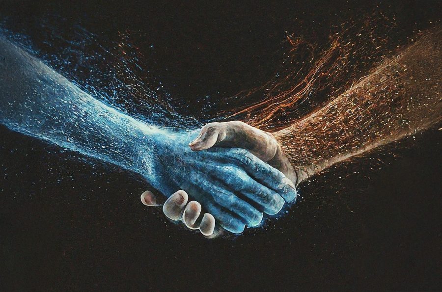 A,Digital,Handshake,Glowing,Between,Two,Holographic,Entities,,Representing,Collaboration Partnership
